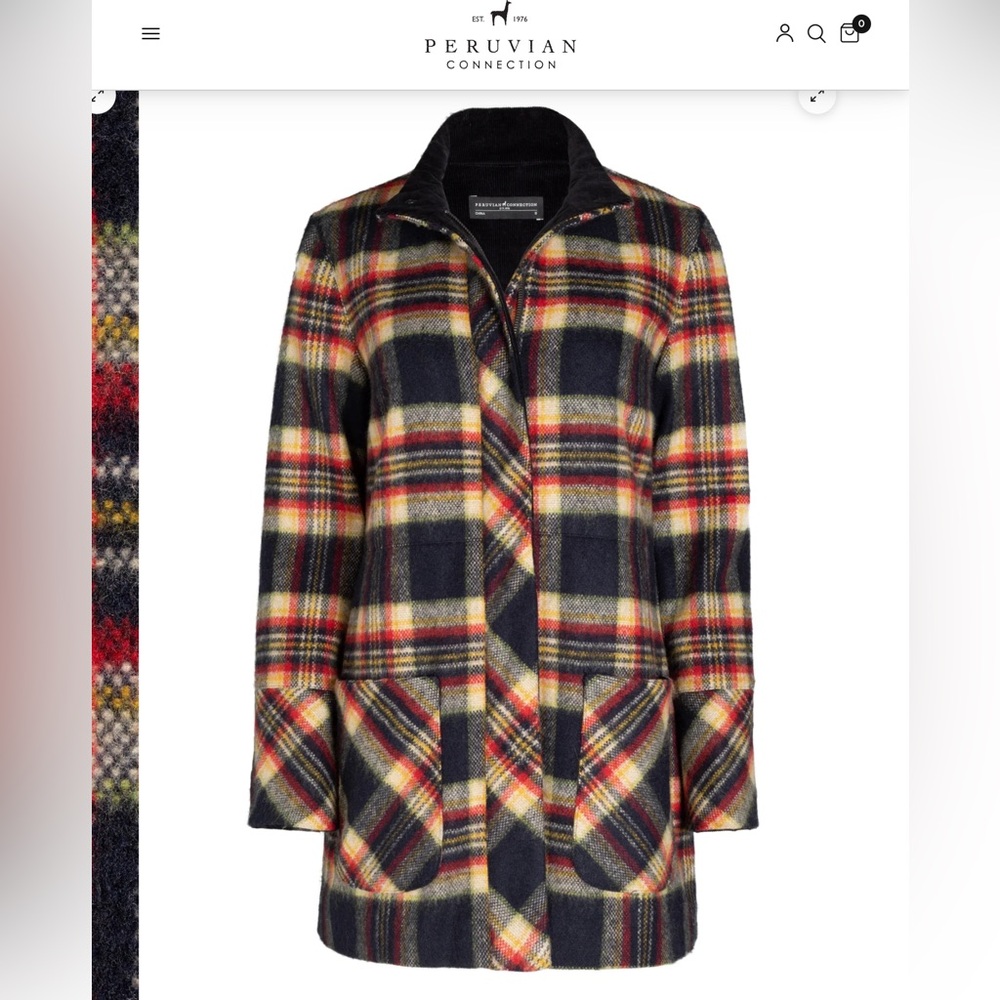 Peruvian Connection Brattleboro wool blend plaid coat Size XS